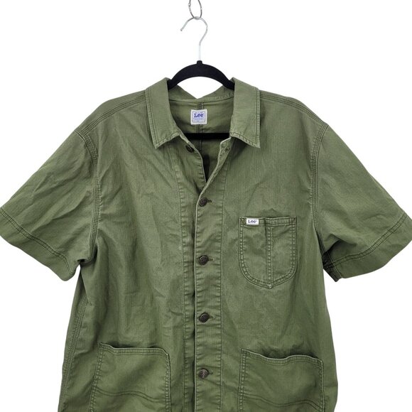 Vtg Lee Workwear Army Green Pinafore Denim Utility Shirt Dress Sz L Boilersuit - Picture 11 of 12